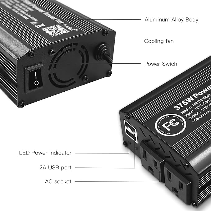 375W/750W(Peak) car Power Inverter 12V to 110V dc to ac with Cigarette Lighter inverters for Vehicles car Camping Truck Trailer with 2 USB outlets-375W