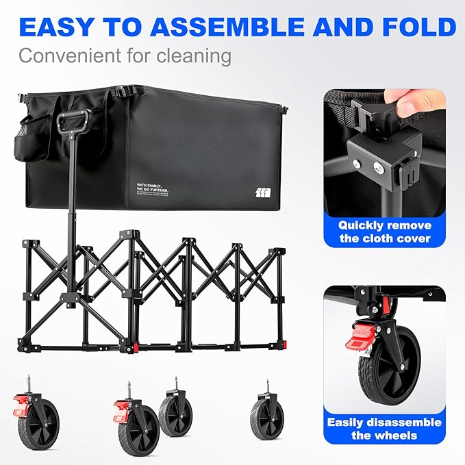 200L Collapsible Foldable Wagon, Large Heavy Duty Wagon Cart with 440lbs Weight Capacity, Folding Utility Wagon with Brake for Camping, Garden, Sports, Picnic, Shopping (Black)