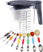 19-Piece Magnetic Measuring Cups and Spoons Set with Lid | BPA-free, dishwasher safe kitchen gadgets. Includes 1 lid, 9 nested cups & 9 magnetic spoons for liquid or dry food.