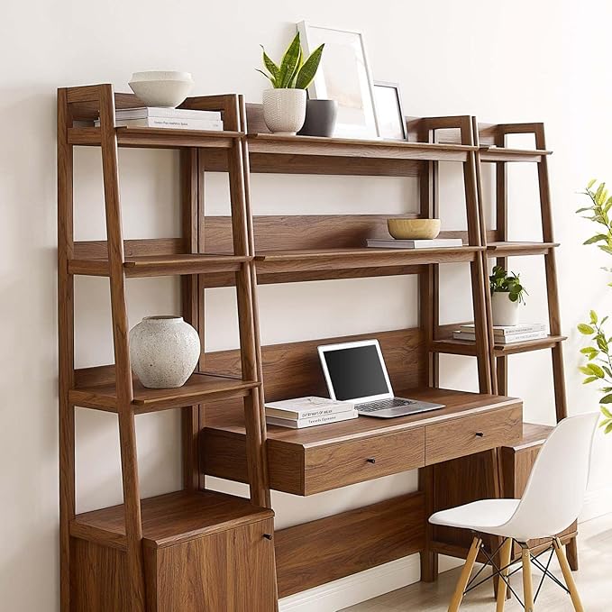 Modway Bixby 3-Piece Home Office Desk and Bookshelf Display Case in Walnut