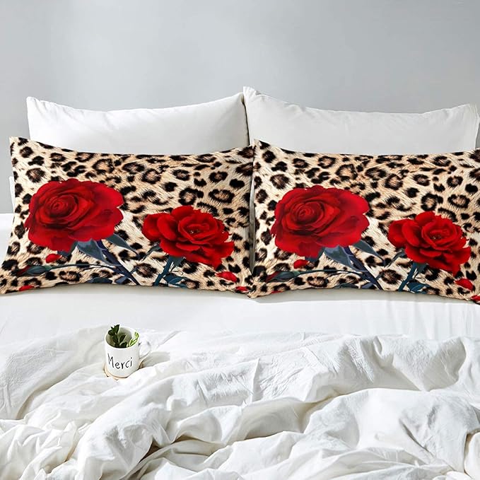 Rose Flower Comforter Set for Teens Adult Women Wedding Gift, Leopard Print Bedding Set Queen Size, Valentine's Day Cheetah Duvet Sets Leopard Animal Skin Down Comforter for Bedroom Decor, Brown