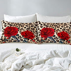 Erosebridal Rose Flower Comforter Set for Kids Girls Women, Leopard Print Down Comforter King Size, 3D Red Floral Petal Bedding Set Cheetah Animal Skin Quilted Duvet for Bedroom Decor, Brown