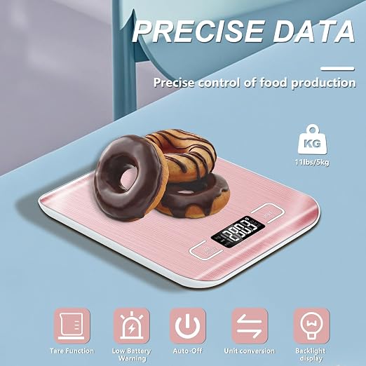 Food Scale, 11lb Kitchen Scale with 6 Units Tare Function & LCD Display, 0.05oz/1g Stainless Steel Digital Food Scale Grams and Ounces for Baking, Cooking, Dieting and Meal Prep (Pink)