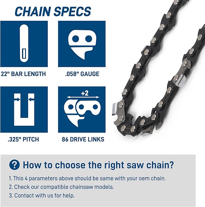 SawWorks 3-Pack 22 Inch Chainsaw Chain .325" Pitch .058" Gauge 86 Drive Links Fits 57cc Blue Max 20160, Oregon 21LPX086G, 21BPX086G, 21BP086G, Chainsaw 5200, 5800, 6200 and More
