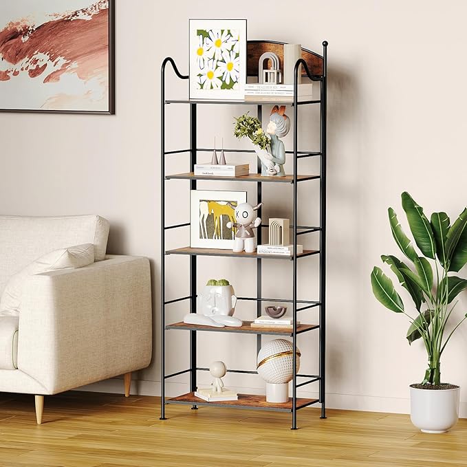 Folding Bookshelf No Assembly, 5 Shelf Black Folding Bookcase, Industrial Tall Metal Collapsible Corner Book Shelf with Storage Shelves for Bedroom, Living Room, Home Office Organization