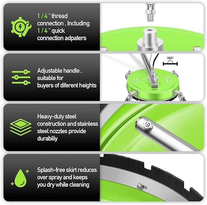 20" Pressure Washer Surface Cleaner with 4 Wheels - Coated Green Dual Handle Stainless Steel Surface Cleaner for Pressure Washer Attachment for Concrete, Patio, Sidewalk, Deck and Driveways - PWS20G