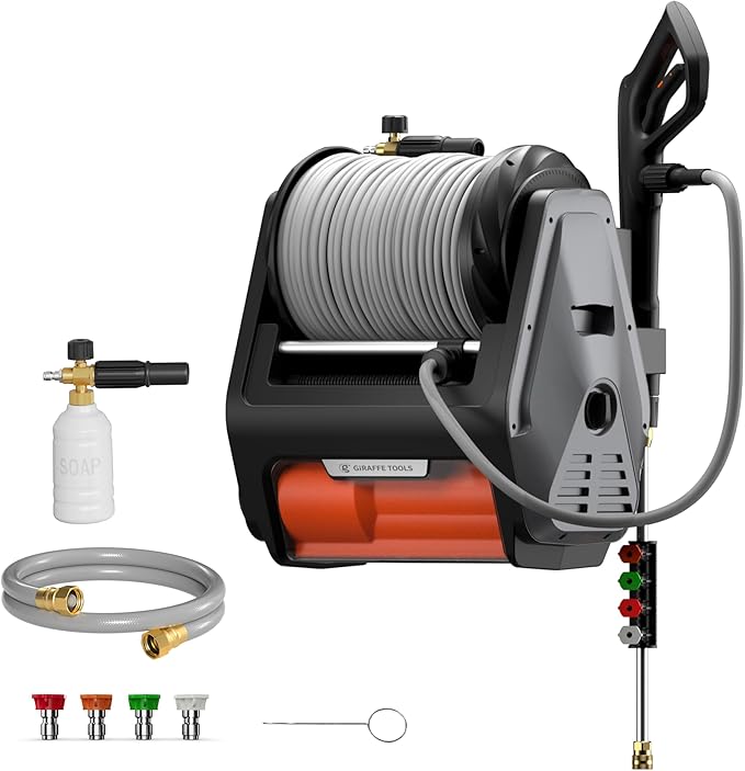 Giraffe Tools Grandfalls Pressure Washer Pro, Electric Wall Mount Power Washer with 100FT Retractable Pressure Hoses, 3700PSI, 1.6GPM, 4 Nozzles, Foam Cannon for Cars/Patios, Dark Silver