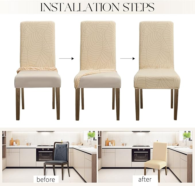 MOSAYT 100% Waterproof Dining Room Chair Covers Set of 4, Super Fit Stretch Jacquard Parson Chairs Slipcovers Removable Washable Chair Seat Protectors for Home, Kitchen, Banquet (Beige - XL)