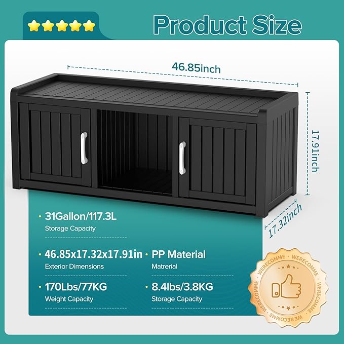 ROJIK Shoe Cabinet Waterproof UV-Resistant,Storage Bench Indoor Outdoor with Adjustable Shelves,for Entryway Bedroom,Hallway,Living Room(2 Door,Black)