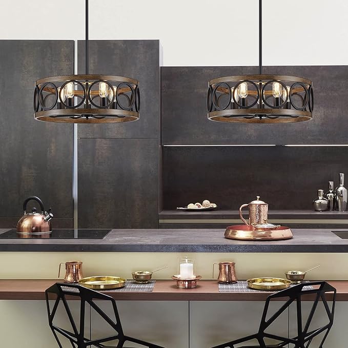 XINGQI 21.7'' Modern Chandelier, Farmhouse Drum Chandeliers for Dining Room Living Room Bedroom 5-Light Pendant Lighting Round Black Metal Antique Wood Grain Finish Adjustable