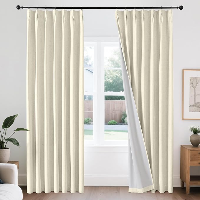 Joydeco Pleated Curtains for Living Room Bedroom, Linen Drapes 90 inch Length 2 Panels Set, Blackout Thermal Insulated Curtain(Linen,40'' Wx90'' L)