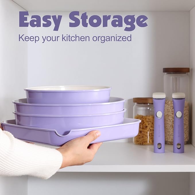 SENSARTE 17 Piece Ceramic Detachable Handle Pots and Pans Set Purple | Ceramic Cookware Set, Induction Cookware Set with Removable Handle, Healthy Non Stick for RV, Dishwasher ＆ Oven Safe