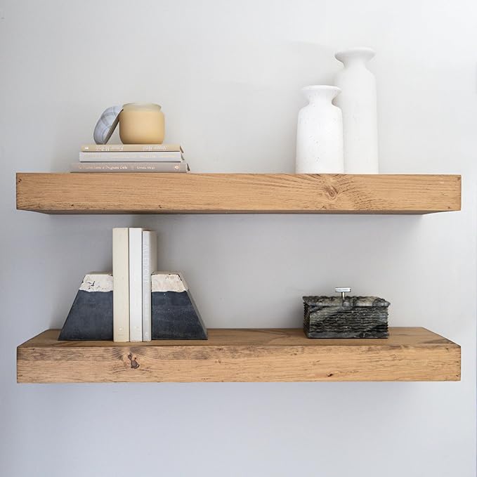 Modern Floating Shelves 3 Inches Thick for Wall, Wide Shelves for Kitchen, Living Room, Bedroom, and Bathroom, Natural Pine Wood, Rustic Wooden Shelf, (Set of 2) (Aged Oak, 60Lx3Hx8D)