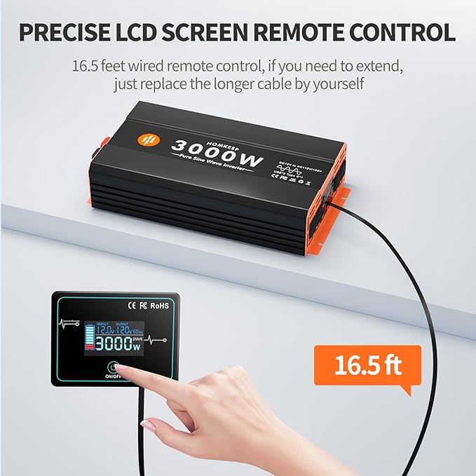3000W Pure Sine Wave Power Inverter 12V DC to 110V AC Converter Peak Power 6000W for RV Truck Off-Grid Solar Car Inverter with 4 AC Outlets, 2 USB & 1 Type-C Ports, Cables Included, Remote Controller