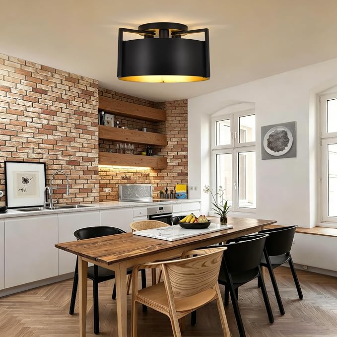 Black Semi Flush Mount Ceiling Light, 15'' Modern Farmhouse Hallway Entryway Light Fixtures Ceiling Mount, 3-Light Rustic Foyer Lighting Fixtures Ceiling lights for Kitchen Island Bedroom Dining Room