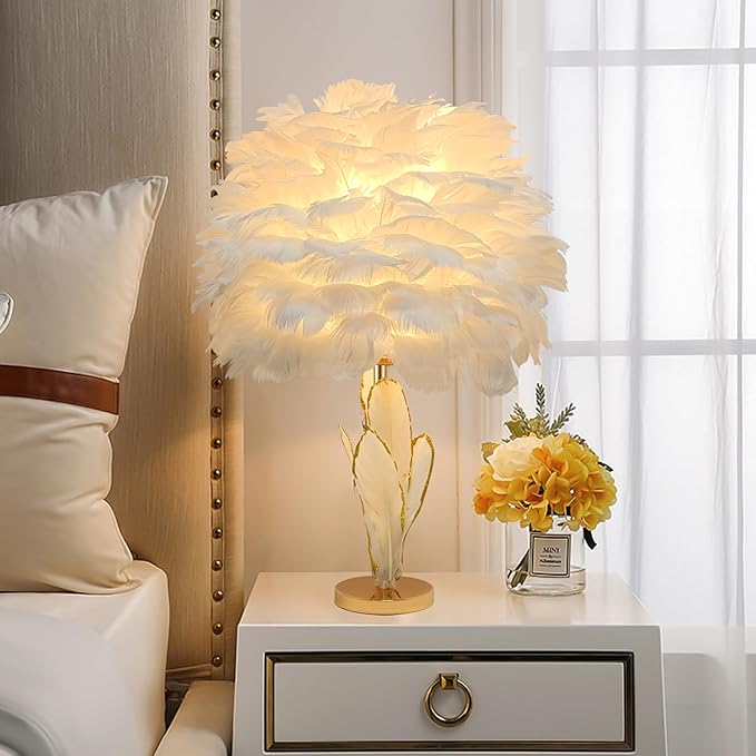 ZYLEIESENBAO Feather Desk Lamp Creative Girls Bedroom Decoration Lamp Modern White Feather Table Bedside Lamp Cute 12'' for Living Room Wedding Childrens Room