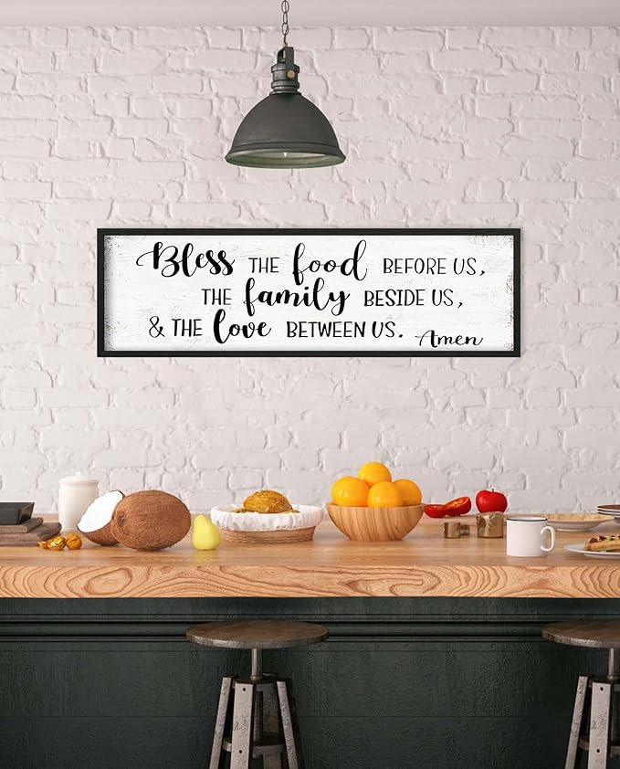 Bless the Food Before Us Wall Decor: Farmhouse Rustic Kitchen Signs Wall Decor Framed Hanging Wall Plaques 12" x 40",Inspirational Quotes The Family Beside Us Signs