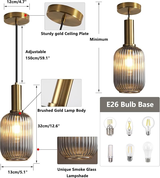 KCO Farmhouse Small 5.1” Smoke Gray Ribbed Cylinder Glass Pendant Light | E26 Bulb Hardwired, Adjustable Cord MCM Vintage Ceiling Hanging Lamp for Sloped Ceiling Kitchen Island Dining Room Bedroom