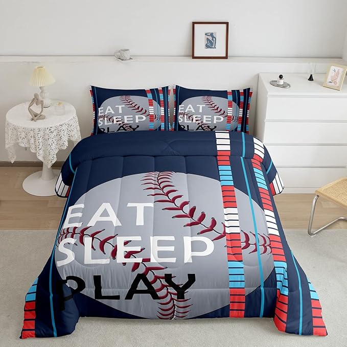 Feelyou Baseball Comforter Set Sports Game Bedding Set for Boys Girls Baseball Gaming Blue Stripe Comforter Gift for Baseball Softball Lover Room Decor King Size Quilt Boys