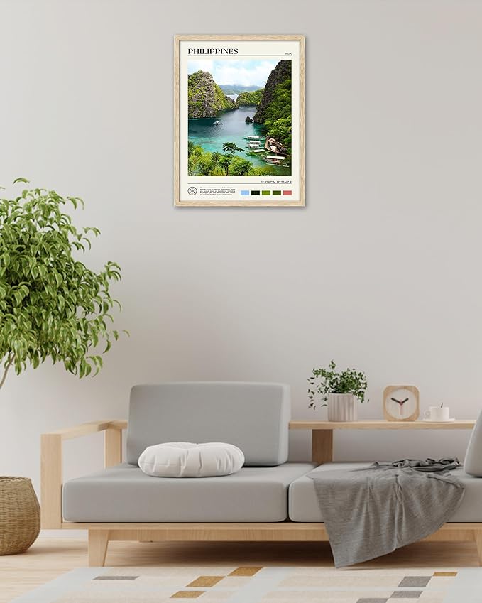 HesenDot Natural OAK Wood Framed Philippines Natural Scenery Wall Art,12x16in Busuanga Island Landscape Canvas Print,Urban Landmark Wall Decor for Living Room,Bedroom,Office Gallery,Set of 1