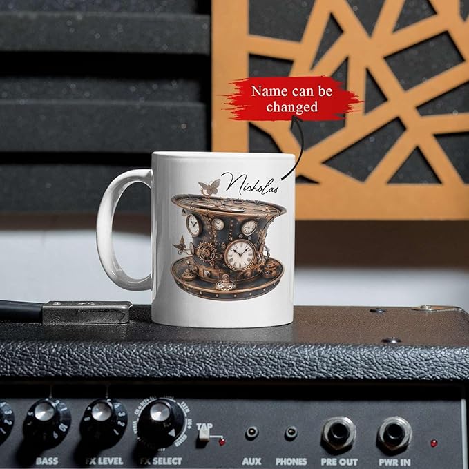 Personalized Coffee Mug Gift For Men, Customized Choose Name White Cup 11oz Or 15oz, Unique Steampunk Design Ceramic Cup, Custom Clock Themed Decorative Cup, Steampunk Decor Mug