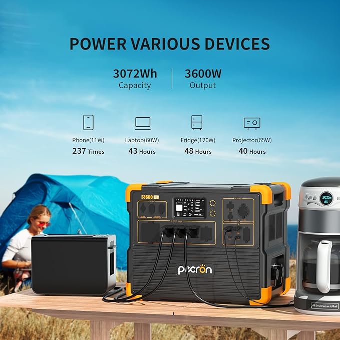 pecron Solar Generator E3600LFP 3072Wh with 2x300W Solar Panels, 5x3600W AC Outlets Portable Power Station, LiFePO4 Battery Backup Expanded to 15.36KWh, Power Station for Home Use, RV, Camping, CPAP
