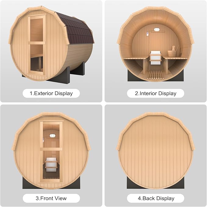 Outdoor Barrel Steam Sauna, 4-6 Person Wood Sauna Room with 220V，6kw Toule Sauna Heater with Sauna Stone, Canadian Helmock Wooden Sauna, Sauna Accessories and Asphalt Shingle Roof (Helmock)