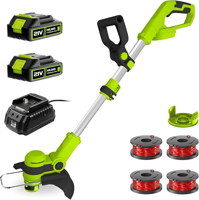 12 Inch String Trimmer Cordless, 21V Electric Weed Wacker with 2.0Ah Battery Powered, Auto Line Feed, 2 in 1 Trimmer and Lawn Edger with 4 Bonus Spools for Lawn, Garden, Yard