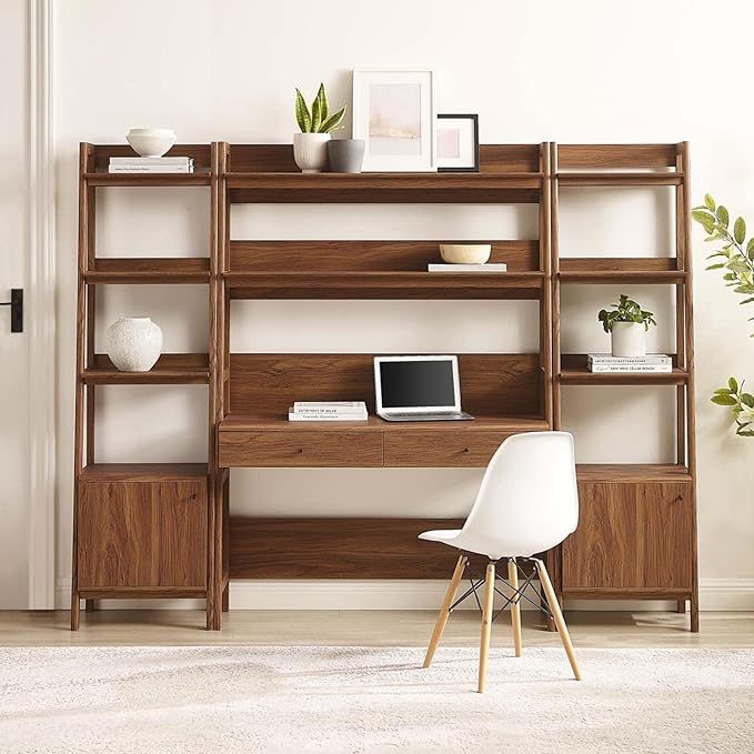 Modway Bixby 3-Piece Home Office Desk and Bookshelf Display Case in Walnut