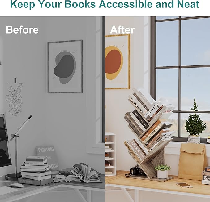 Tree Bookshelf, 5 -Tier Book Storage Organizer Shelves Floor Standing Bookcase, Wood Storage Rack for Office Home School Shelf Display for Cd/Magazine (French Oak Grey)