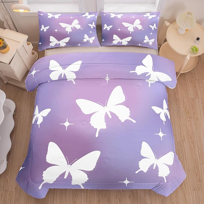 Tailor Shop Butterfly Comforter Sets Queen Size,Purple Butterfly Bedding Sets for Girls Kids Teens with 2 Pillowcase…