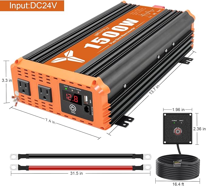 1500 Watt Pure Sine Wave Power Inverter 24V DC to 120V AC, 3000W Surge Peak Power, Inverter for RV, Truck, Solar, Campers with 2 AC Outlet, 5V 2.0A USB, Remote Control Compatible with Lithium