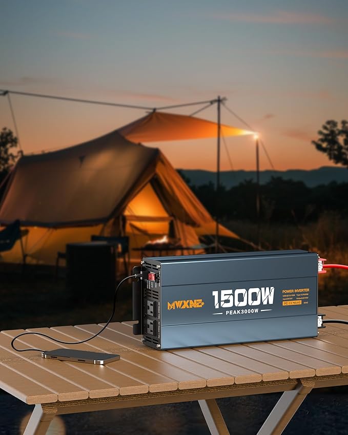 1500W Power Inverter, 12V DC to 120V AC Converter with Dual AC Outlets,QC3.0 18W USB and 30W Type-C, Car Inverter for Truck RV Home - Navy Blue/Black