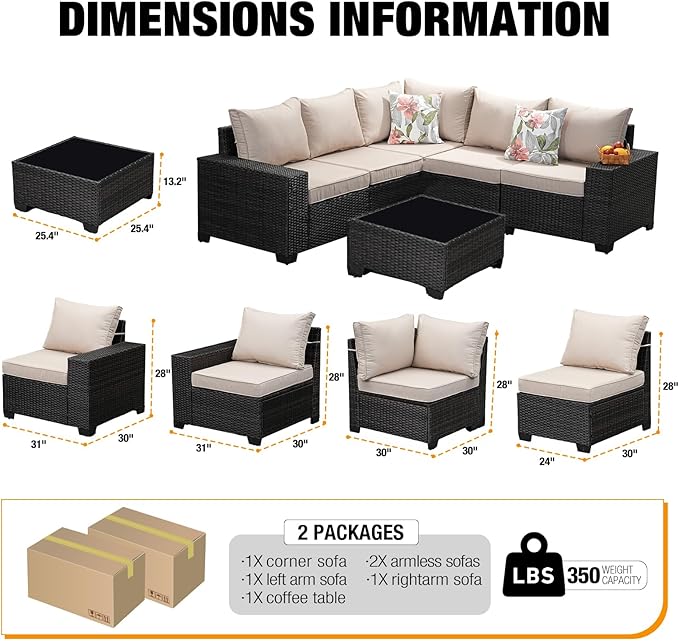 6 Pieces Patio Furniture Set All-Weather Outdoor Wicker Sectional Conversation Sofa Rattan Patio Seating Sofa with Cushion and Glass Table for Porch Poolside,Beige