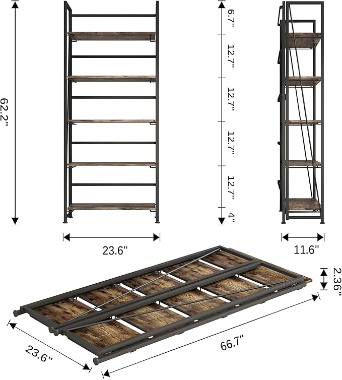 4NM No-Assembly Folding Bookshelf Storage Shelves 5 Tiers Vintage Bookcase Standing Racks Study Organizer Home Office (Rustic Brown and Black)