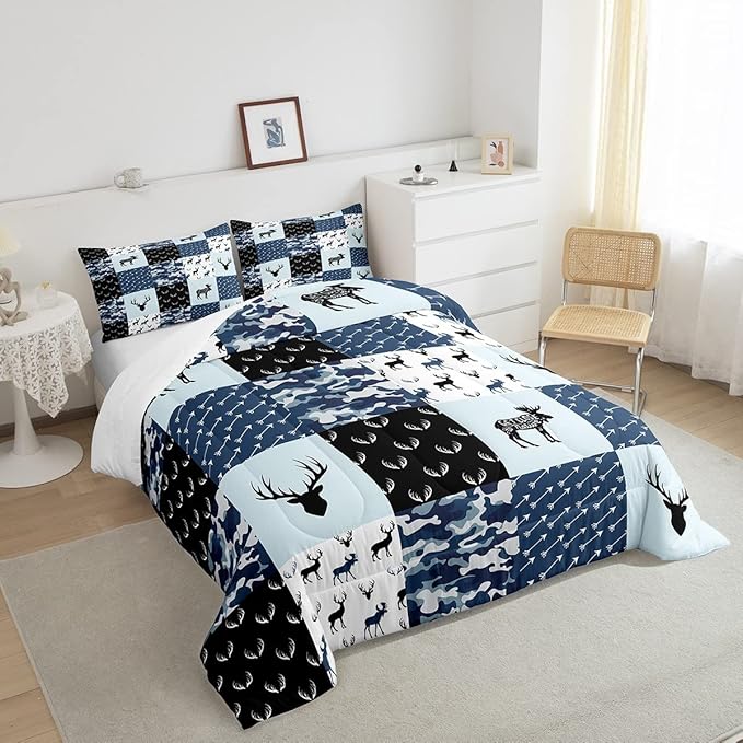 Cute Deer Comforter Set Twin, Military Camo Bedding Set for Kids Boys Teens Bedroom Tribal Animal Antlers Silhouette Quilted Comforter Checkered Plaid Arrows Bedding Comforters, Army Blue and White