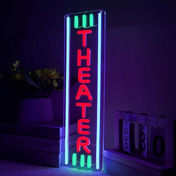 Theater Neon Sign Dimmable LED Movie Night Signs for Wall Decor Home Theater Accessories Sign Theater Room Neon Light for Movie Room Home Bar Decor Classic Cinema Style Light Gifts(16.8 * 4.8in)