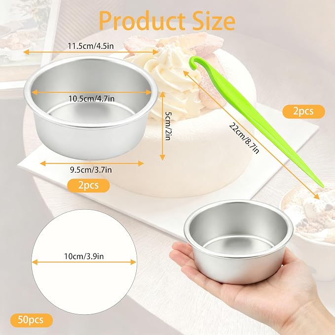 Round Cake Pans Set - 4 Inch Aluminum Nonstick Mini Cake Tins With 50 Parchment Liners & 2 Demold Tool for Diy Baking Cakes Cheesecake Tiered Cakes