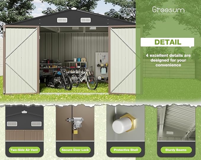 Greesum 10x10FT Outdoor Storage Shed, Utility Tool Shed Metal Storage Garden Shed with Door & Lock for Patio Storage, Brown