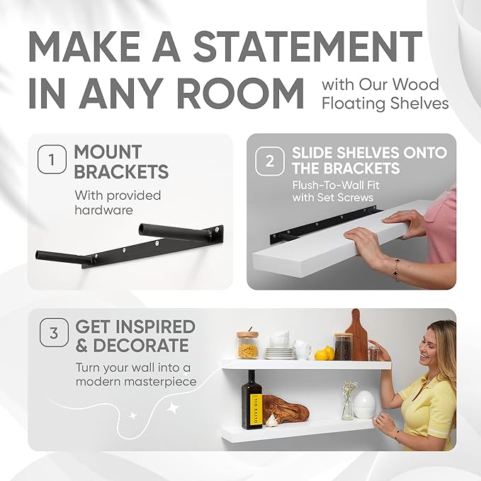 Homeforia White Floating Shelves 36 inch, High End Solid Real Wood 36inch Floating Shelf for Wall Mounted, White Wooden 36in Long Floating Shelves, Heavy Duty Bracket, 36 X 6.5 X 1.75 inches, Set of 2