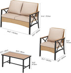 YITAHOME 4-Piece Patio Wicker Furniture Set with Wood Armrest, All Weather Rattan Conversation Furniture Sets for Backyard, Balcony, Deck w/Soft Cushions and Plastic Wood Table (Light Brown+Beige)