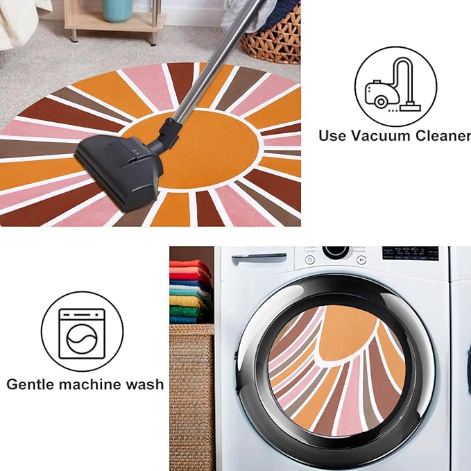Topotdor Sun Rainbow Round Rug 4ft Boho Kids Nursery Rug, Colorful Washable Area Rug Ultra Soft Circle Classroom Rug Non-Slip for Bedroom Living Room Playroom Decor, Pink