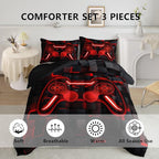 Axolotl Gamepad Comforter Set Full Size,Red Grid Print Bedding Set,Boys Gaming Console Comforter Set,Video Gaming controller Bedding Set for Teens Men Adults,1 Quilt 2 Pillowcases,Red Black