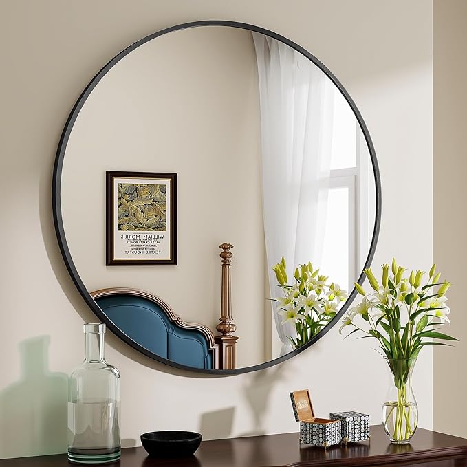 BEAUTYPEAK 40 Inch Round Mirror, Metal Frame Circle Mirror, Wall Mounted for Entryway, Bathroom, Vanity, Living Room, Black