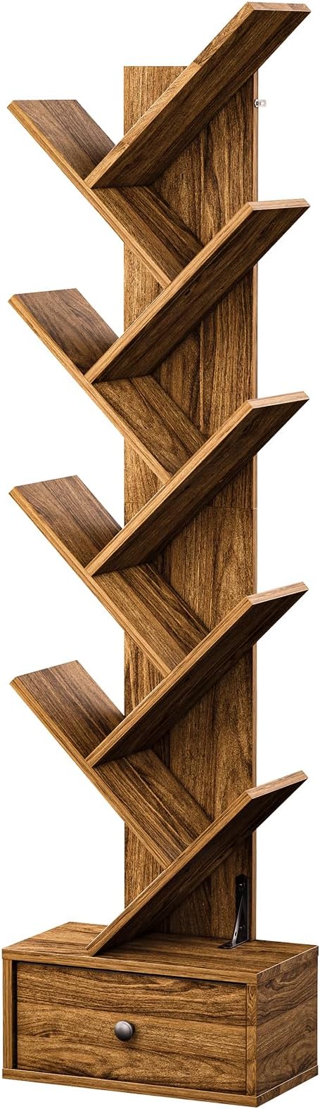 Pipishell Bookshelf with Drawer, 8-Tier Vertical Tree Bookshelf, Modern Bookcase, Modern Book Storage, Book Shelf Organizer for Living Room, Bedroom, Home Office, Rustic Brown, PIBS03WN
