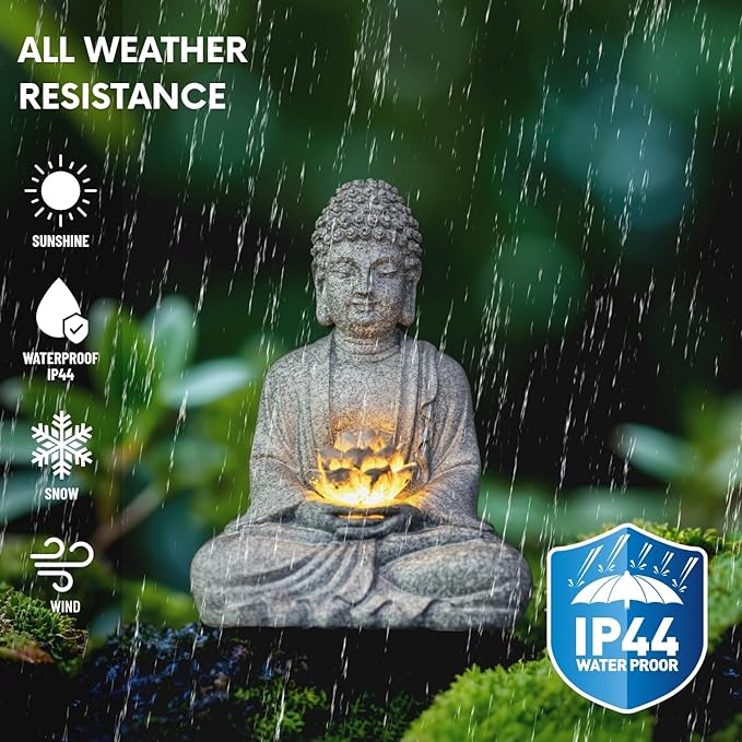 Buddha Lotus Statue with Solar Lights, Resin LED Figurine for Garden Decor – Unique Gift for Women and Friends(Grey Buddha)