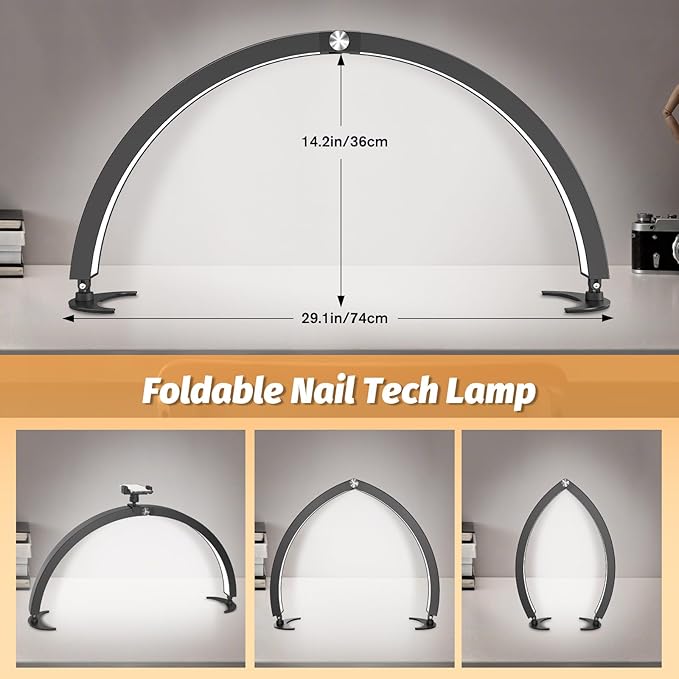 LIONVISON Half Moon Light for Nail Desk, Foldable Nail Light for Desk Half Moon LED Nail Table Lamp 7 Color Modes & 10 Brightness for Beauty/Nail Art/Crafts