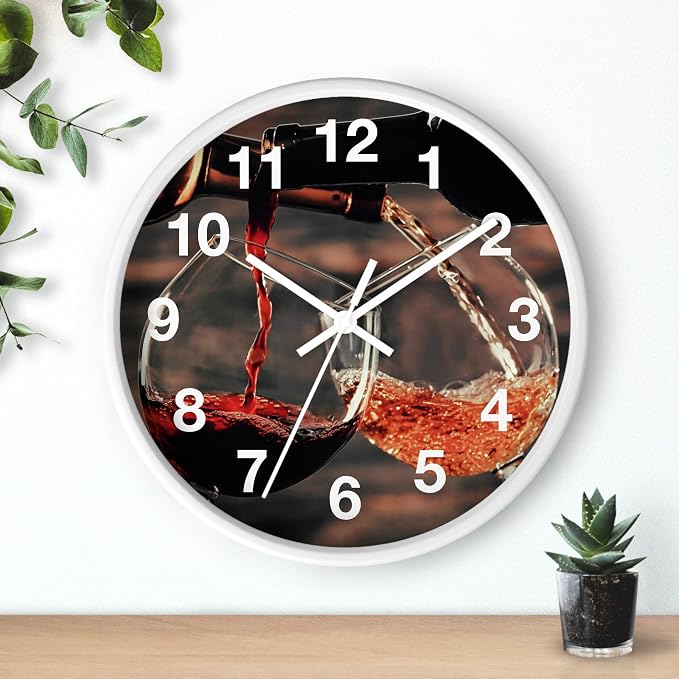 Mozingo ~ Wine Clock for Kitchen Bar Wall It's Wine O'clock Silent Time Gift Home Decor Made In USA, 10" (Hour Marks - Numbers, Clock Frame Color - White, Wine Theme #01)