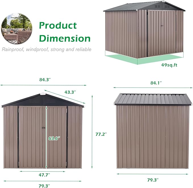 U-MAX 7' x 7' Shed Outdoor Storage Shed Clearance, Extra Large Yard Steel Shed with Design of Lockable Doors, Tool and Utility Storage for Backyard, Garden, Patio, Outside use Taupe