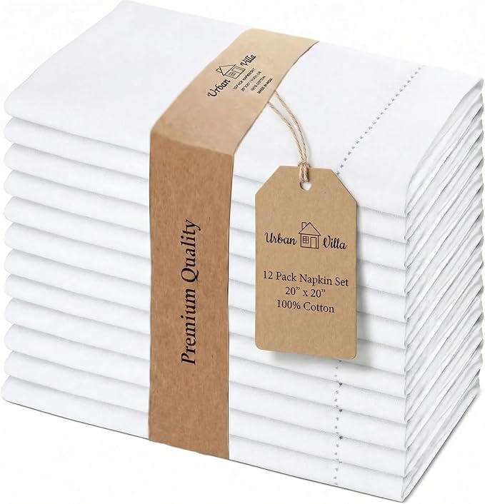Urban Villa Hemstitch Cloth Dinner Napkins Cotton 20”x20” (Set of 12)-White